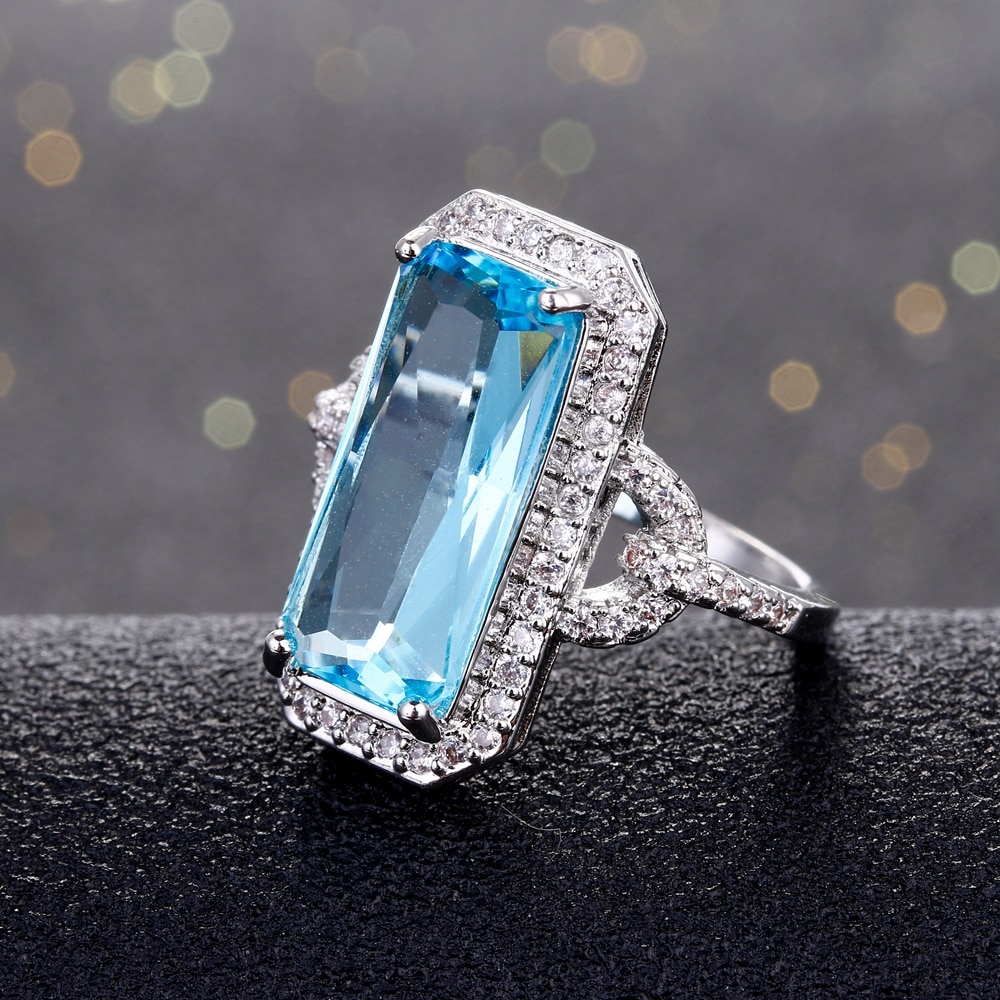 Silber Schmuck Ringe Für Frauen Rechteck Saphir Ring Mit Klaren Zirkon Steine 4,5g Täglichen leben Dekoration Zubehör