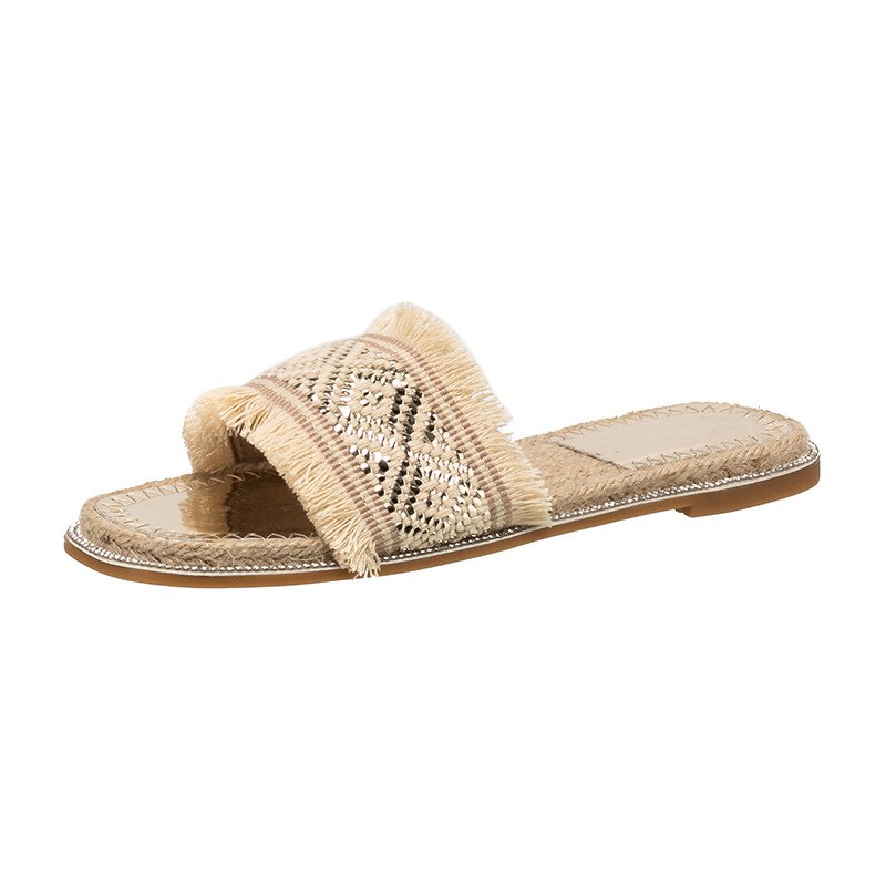 Straw woven slippers outer wear flat bottom sandals