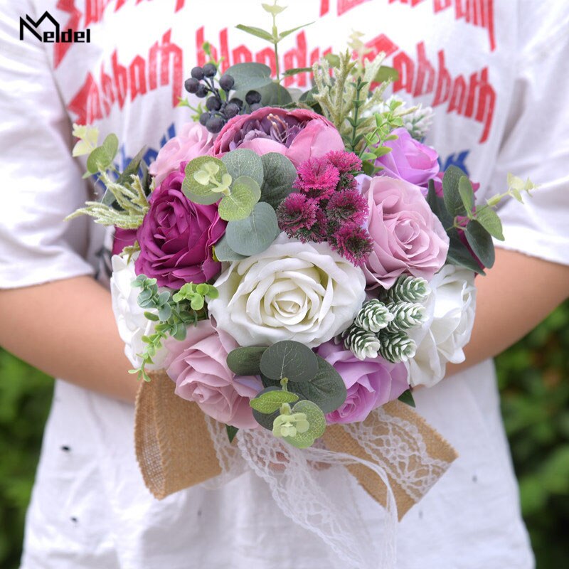 Meldel Wedding Bouquet Bridal Holding Flower Silk Rose Calla Eucalyptus Leaves Forest Bouquet Wedding Supplies DIY Home Decor