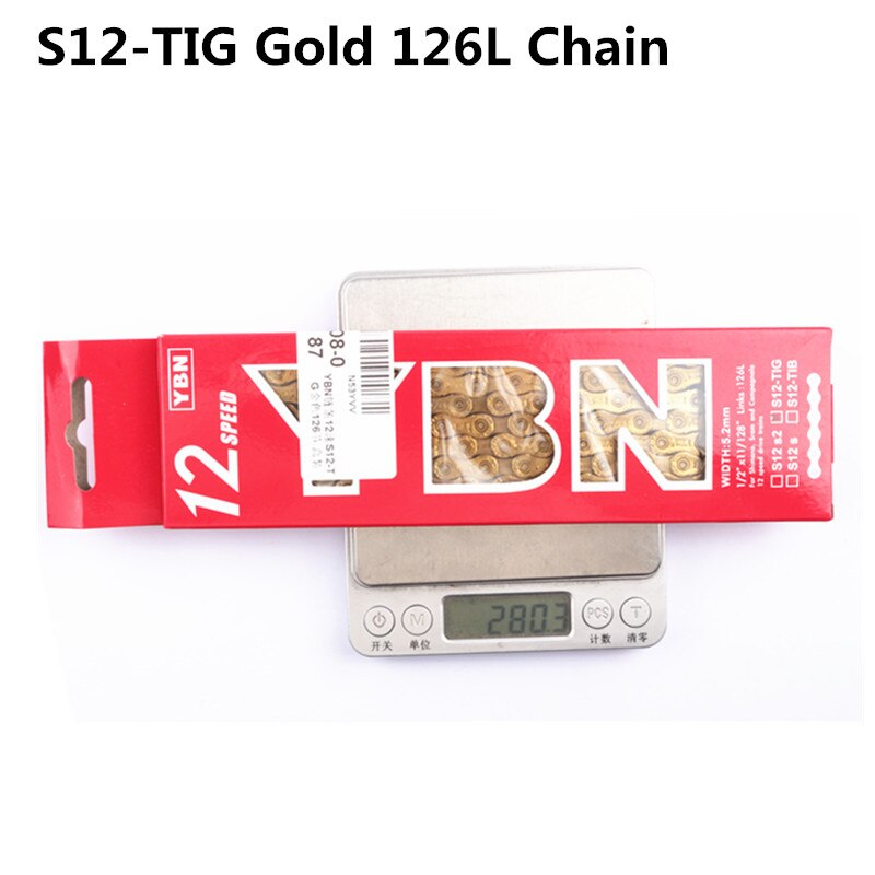 YBN-Cadena de eje sólido para bicicleta de montaña, 12 velocidades, S12, TIG, TIC, S2, 126L, caja Original: S12 TIG Gold
