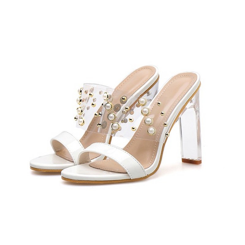 Pearl High Heels Transparent Sandals Women Summer White Clear Heels Peep Toe Shoes Slippers Plus Size Slingback Sandals: 7