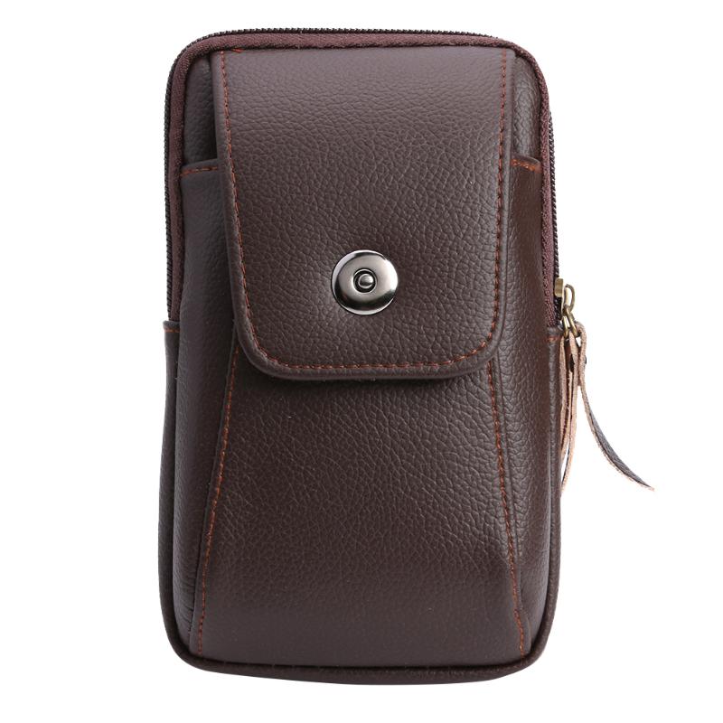 Multi-funksjon herre lommebok pu skinn glidelås veske belte bag casual klaff kort clutch holder mannlig telefon veske: Brun