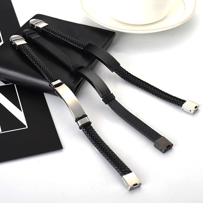 Heren sieraden gevlochten leren armband roestvrij staal staaf armband zwarte roestvrij stalen gesp heren pols