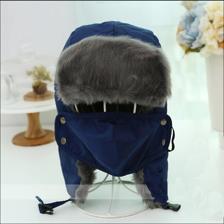 Vinter bombehatter ushanka russisk pelshatt varm fortykket øreklaffer hette til menn og kvinner maske balaclava: Marineblå