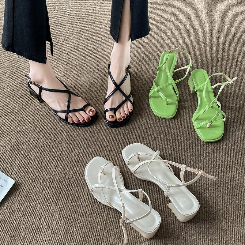 Gesp Beige Hakken Sandalen 2022 Vrouwen Dames Schoenen Zomer Slippers Platform Med Zwart Gladiator Meisjes Corrigerende