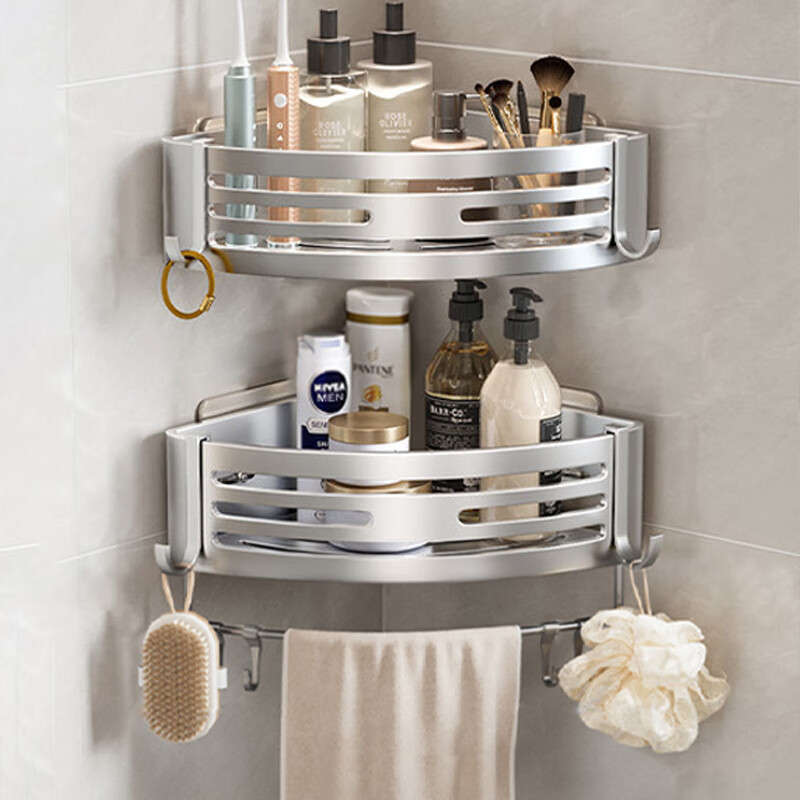 1-2PCS Shower Corner Shelf with Hook Towel Bar No Drill Space Aluminum Shower Storage Rack Bathroom Organizer: Light Grey