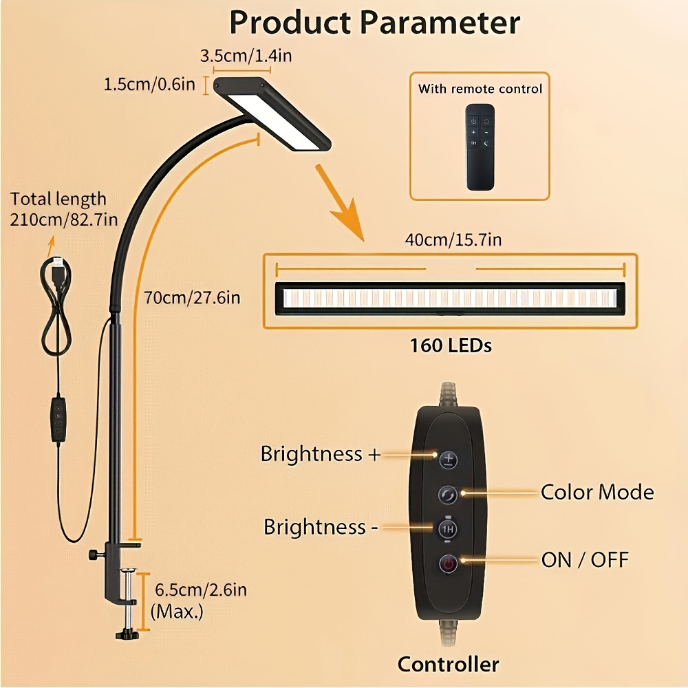 Schwanenhals-usb-Clip-nachtleselampe mit 3 farben und 10 helligkeitsstufen, dimmbar mit 160 leds, usb-anschluss.: Ursprünglich Titel