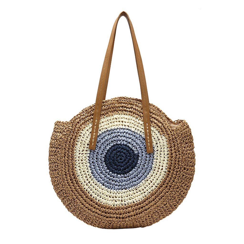 Bolsos redondos de paja para mujer, bolsa de mimbre hecha a mano, bolsa cruzada de playa tejida, bolso bohemio circular Bali,: Marrón