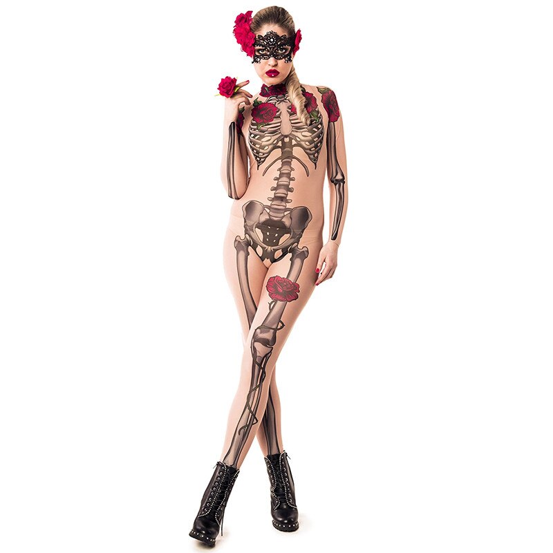 Halloween Festival Skull Print Jumpsuit Nightwear Women Turtleneck Long Sleeve Bodycon Jumpsuit Clubwear Sleepwear