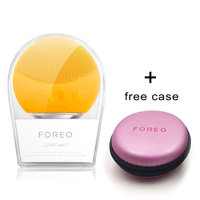 Foreo Mini 2 Limpieza Facial Cleansing Brush FOREO Cleaner With Portable Box,USB Charging,Top , accept: Yellow With pink box