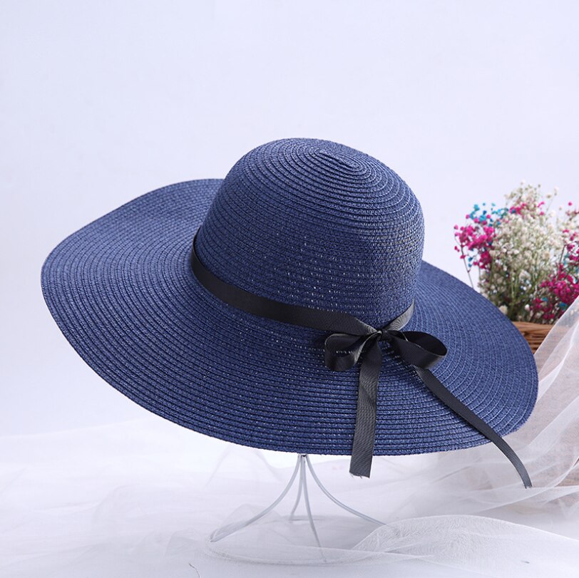 GOUTER-chapeau d'été résistant au soleil pour femmes, chapeau en paille pliable Portable à large bord, ruban de fête sur la plage, chapeau à nœud papillon: blue