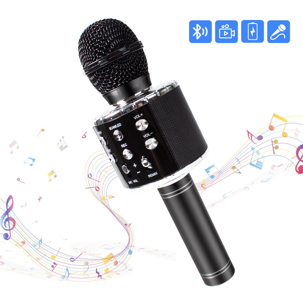 Ws858 Upgrade Karaoke Microfoon Led Verlichting Muziek Microfono Draadloze Microfoon Voor Familie Ktv Draagbare Zingen Mike: Black