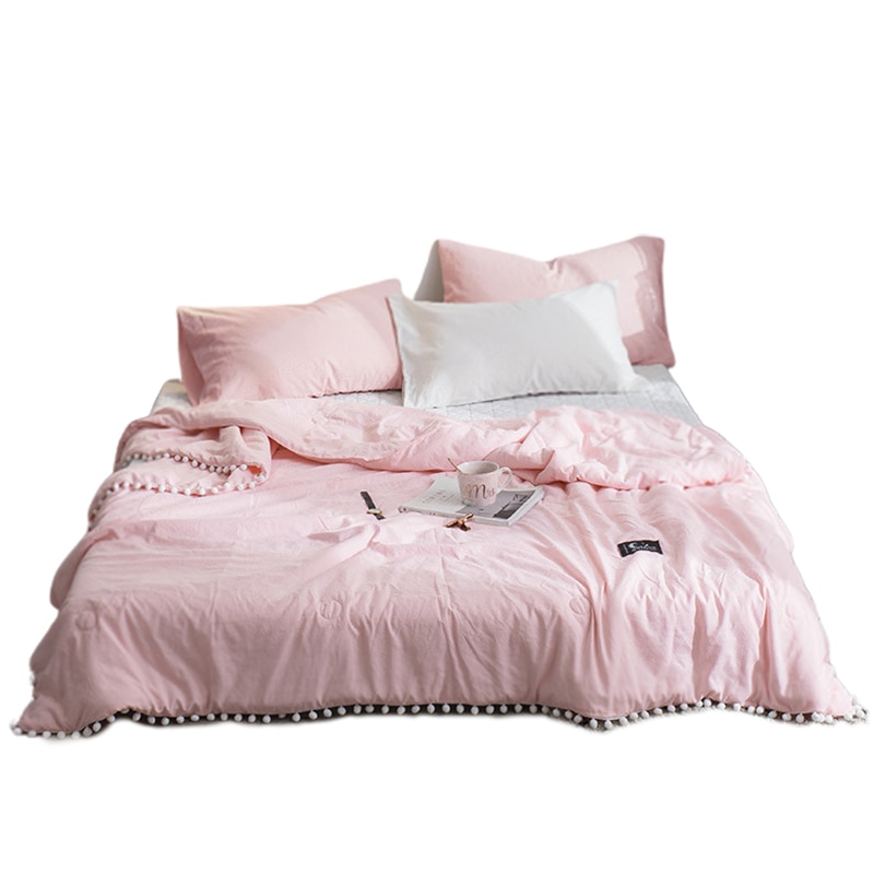 Zacht Roze Worp Deken Met Bal Solid Zomer Dekbed Dekbed Queen Size Microfiber Quilt Met Gewassen Bal: Pink