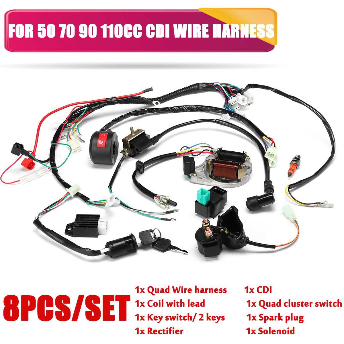 ATV Ignition Electric Complete Wiring Harness Assembly Start Engine Wiring Harness Loom CDI Box Ignition For 50 70 90 110 125CC