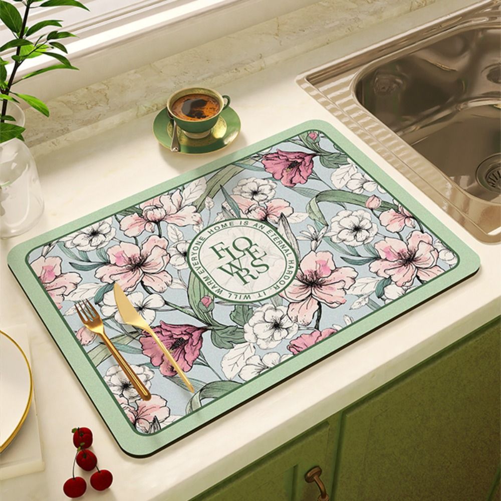 Serviesgoedkleed Superabsorberende Schoteldroogmat Bloemenprint Antislip Afvoermat Sneldrogend Vintage Afvoerkussen Tafeldecoratie