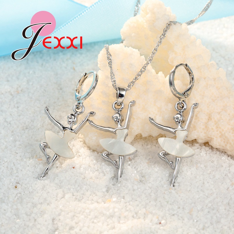 Ensemble de bijoux de Ballet dansant blanc pour filles, ensemble collier/boucles d'oreilles avec pendentif en argent Sterling 925 véritable, de mariage pour femmes
