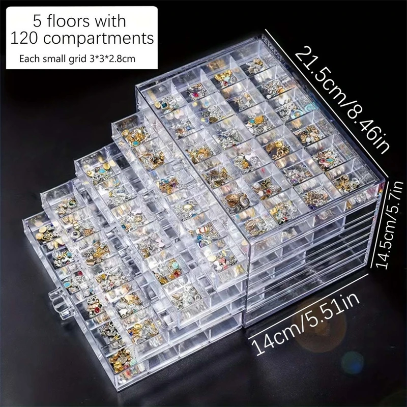 Caja de almacenamiento con compartimento para decoración de uñas, 72/79/120 rejillas, organizador acrílico transparente para cuentas, accesorios de manicura DIY: Gris claro