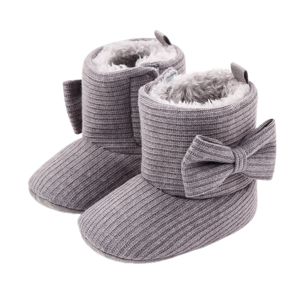 Pudcoco bebis flickor pojkar snöstövlar vinter varm solid mjuk sula halkskydd spjälsäng skor mysiga bowknot tossor: Grå / 13-18 månader