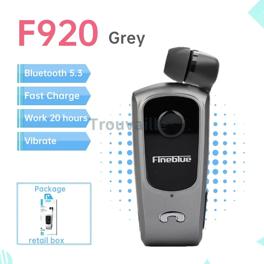 Fineblue F920 Wireless Bluetooth Headset Heaphones in Lotus Earphone with Clip Handsfree Retractable Earphones F520 F580 K55 K65: GRAY