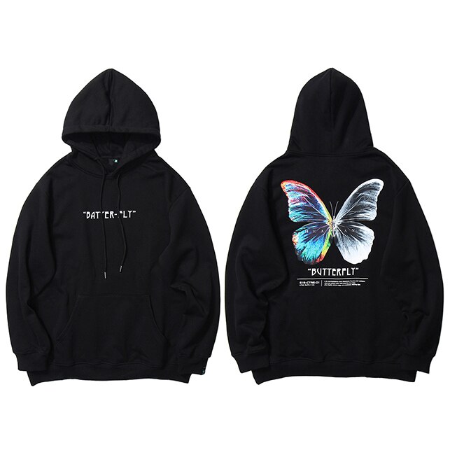 Men Hip Hop Sweatshirt Hoodie Color Butterfly Streetwear Harajuku Pullover Hoodie Cotton Fleece Winter Autumn Black Hoodie: A231173 Black / M