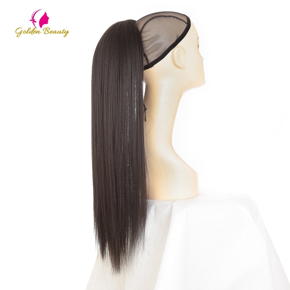 Golden Beauty Drawstring Ponytail Synthetic Clip In Hair Extensions 24inch Long Yaki Straight Wrap Around Women's Hairpieces