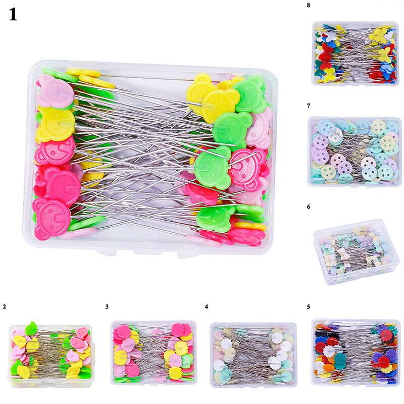 Pin de posicionamiento para manualidades, alfiler de cabeza plana en caja con bordado de dibujos animados, accesorios de costura, alfileres de mosaico bordados, 100 Uds.