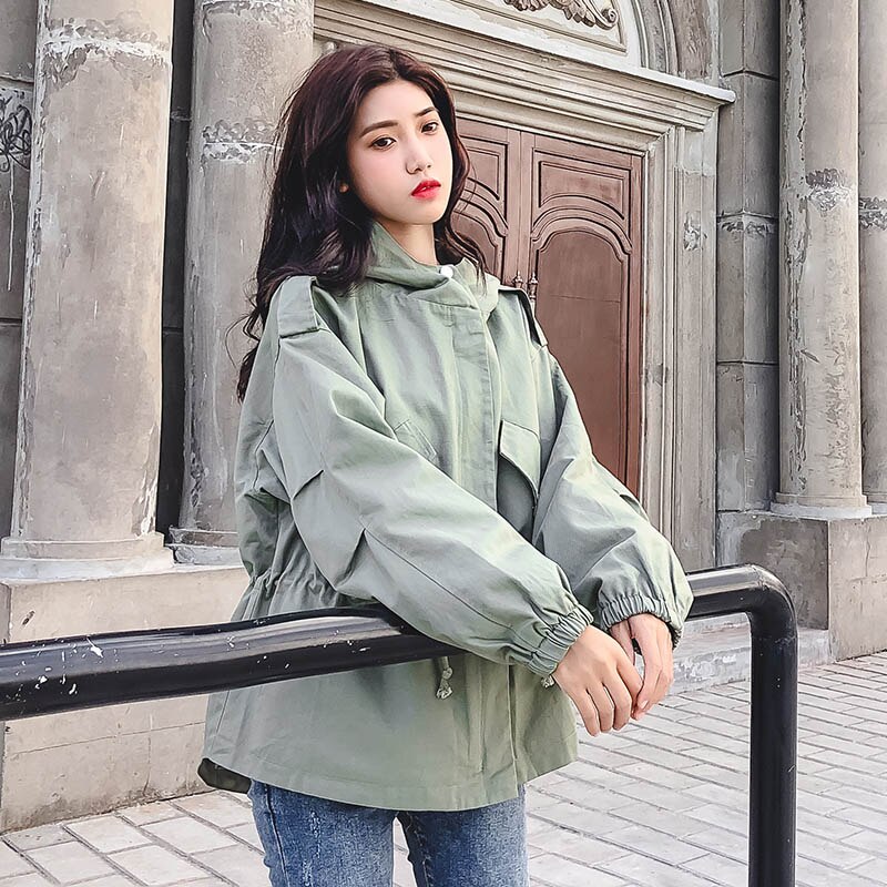 Loose Trend Trench Coat Spring Autumn Women's Hooded Harajuku Short Section Windbreaker Outerwear Female Casual Trench Coat