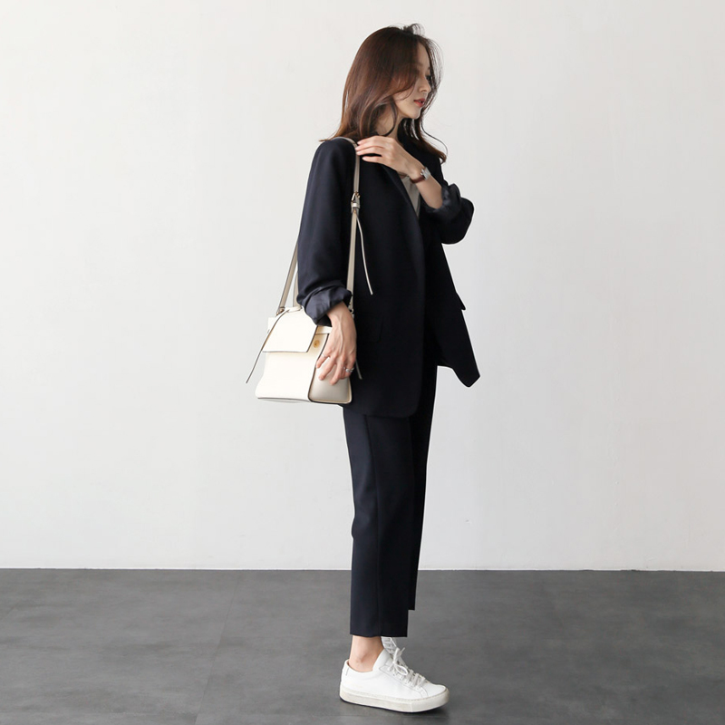 Broek past elegante vrouw lente en herfst mode effen kleur zwart kantoor dames bedrijf professionele OL tweedelig pak