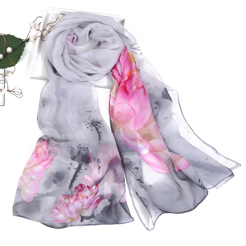 Dames foulard chiffon georgette bandana sjaal inkt lotusbloem print lange sjaal zomer wikkel dame dun ademend: Grijs