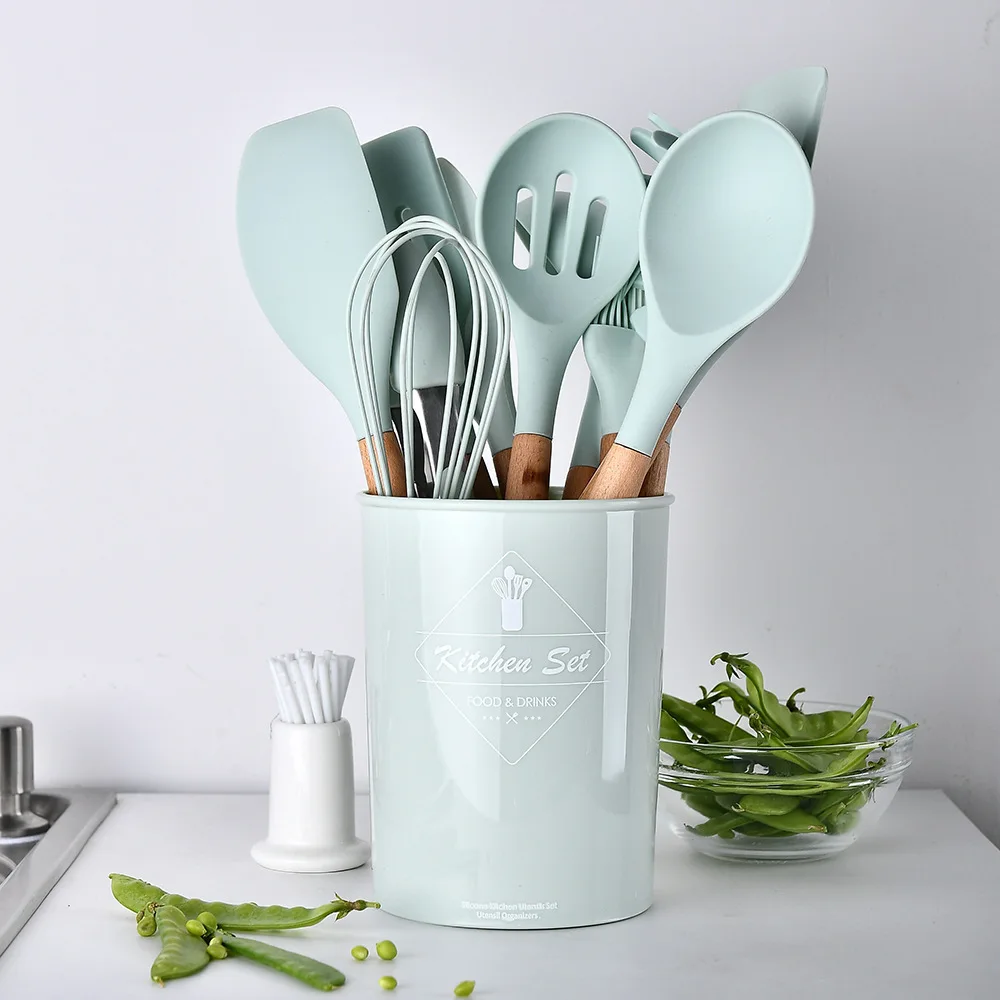 Silikon kjøkkenredskaper sett non-stick stekespade spade suppeskje håndtak kokeverktøy sett bpa-fritt kjøkkenverktøytilbehør