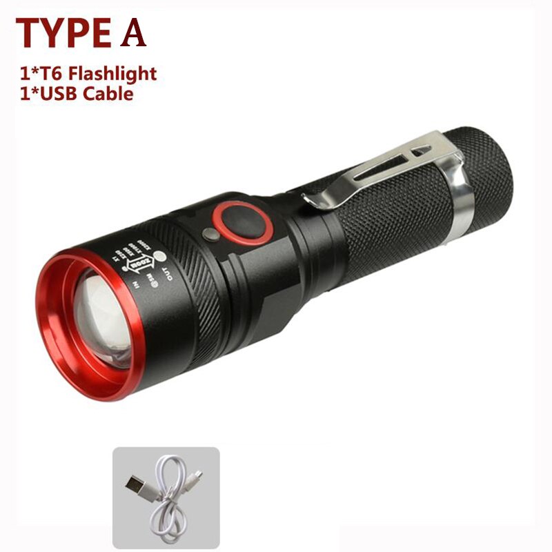 6000 Lumens Flashlight USB Rechargeable T6 LED Flashlight Torch Lamp Lantern 18650 Waterproof Bike LED Holding Clip Flash Light: Type A