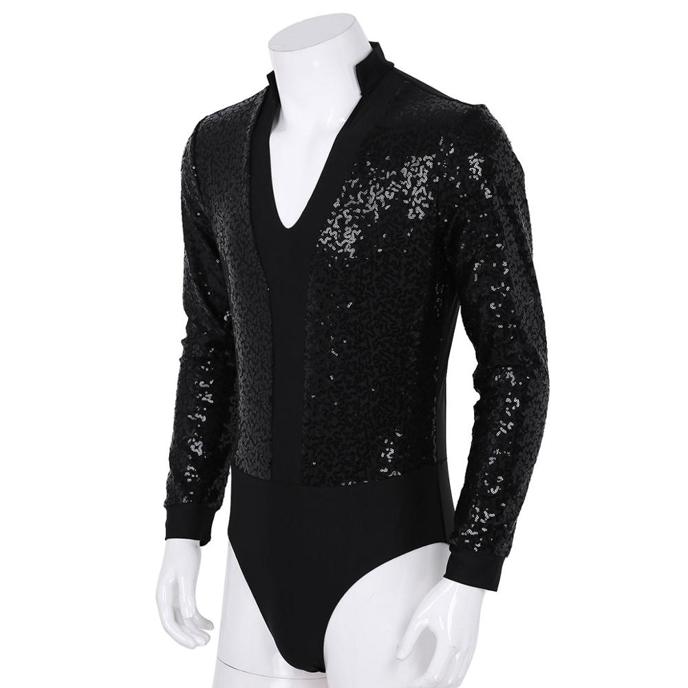 Camiseta de baile de Ballet latino de lentejuelas para hombre, leotardos de manga larga, mono de gimnasia de corte alto, mono de salón para adulto, Ropa de baile