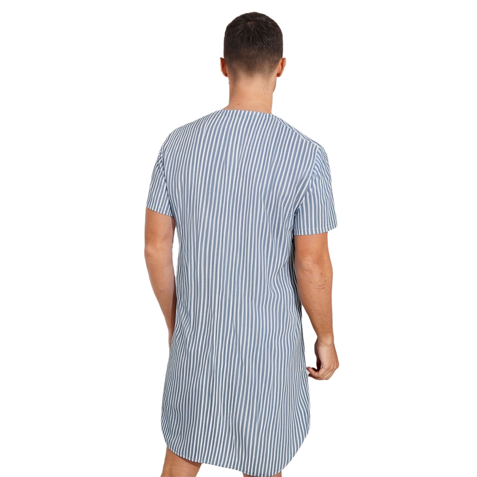 Mens Kaftan Jubba Thobe Muslim Striped Sleep Dress Pajamas Loungewear Sissy Nightwear Buttoned V Neck Split Hem Pullover Robe
