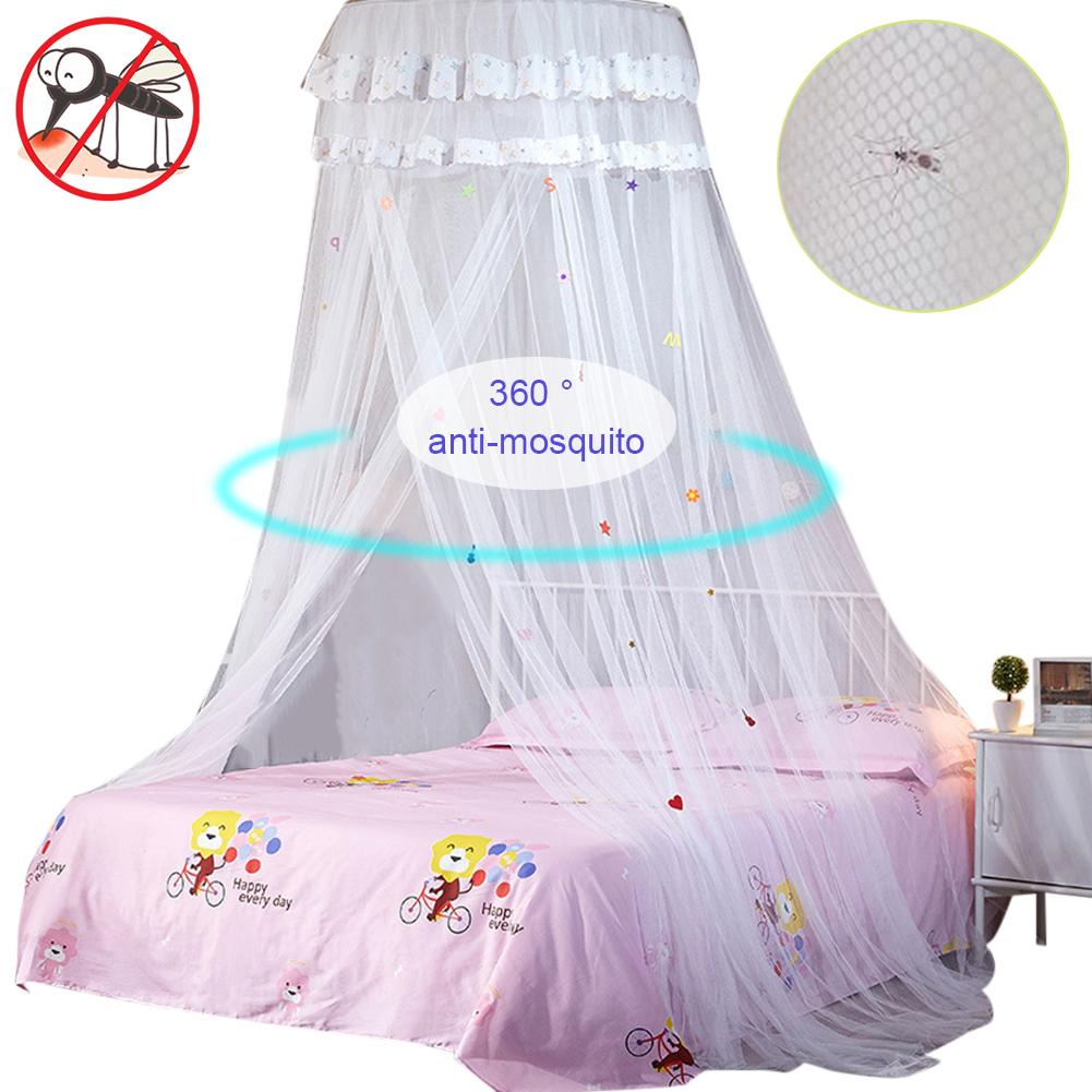 Hauteur 2.7M lit baldaquin accroché moustiquaire princesse lit tente rideau pliable auvent sur le lit fée dentelle Dossels: White
