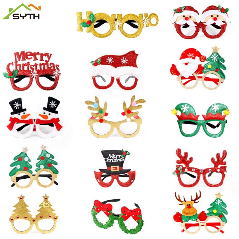 Jul fest dekorasjon søte tegneserie briller ramme glitret briller ingen linse for barn voksne xmas