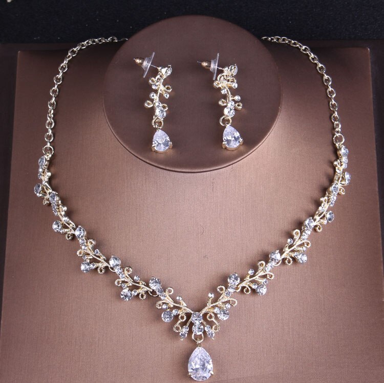 Kristall brudsmycken set vintage guld bröllop smycken tiara barock ädla halsband örhängen för brud hår prydnader: 2 st smycken set