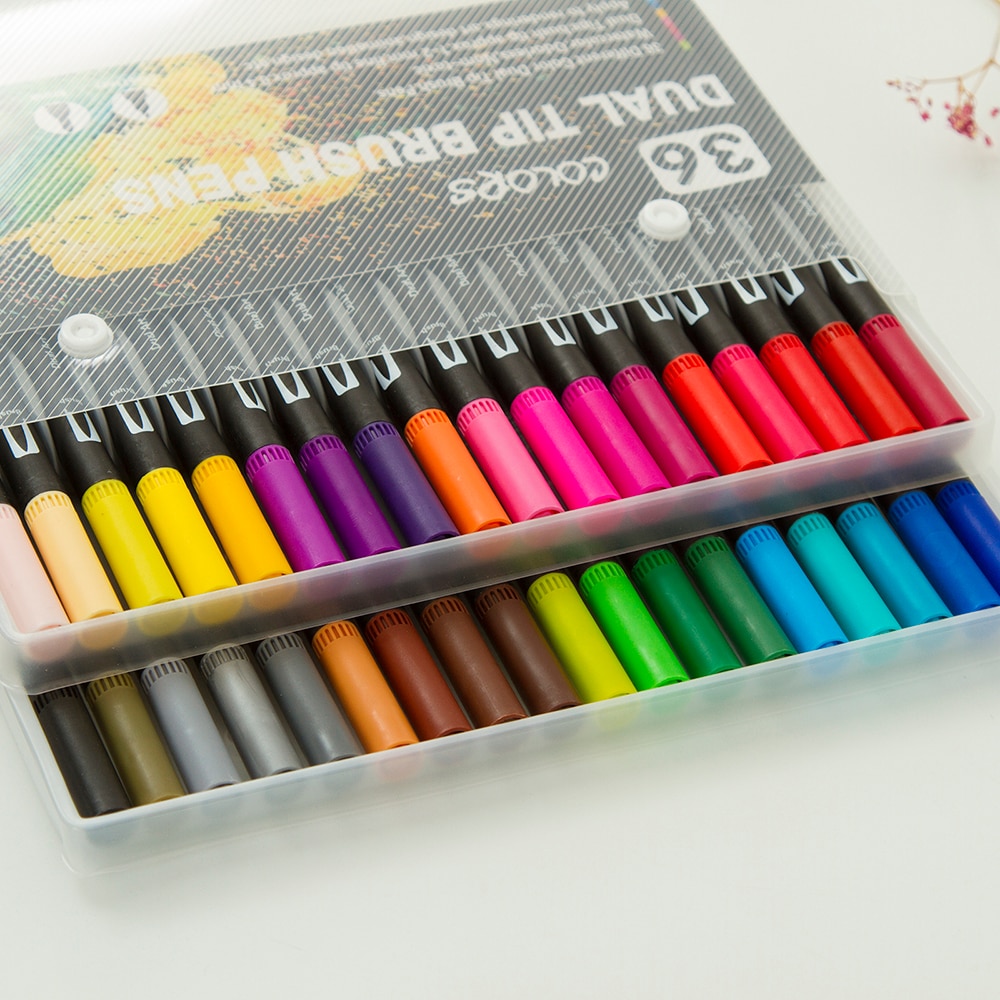 12/24/36/48/72/100/120 dobbeltspids vandfarve kunstmarkør, pensel highlighter pen til håndbogstaver skitsering note: 36 farver sort