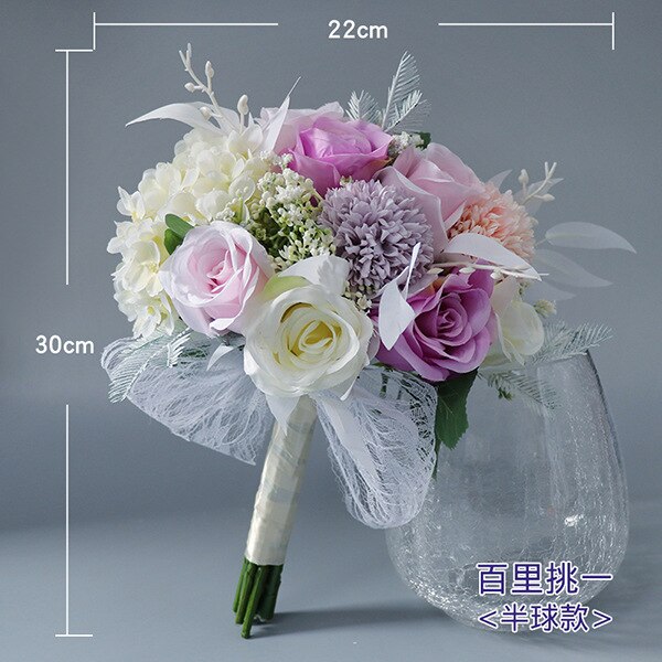 Bruid Bedrijf Boeket Water Ronde Stijl Kunstbloemen Zacht Roze Paars Bruiloft Huwelijk Bloemstuk: Round