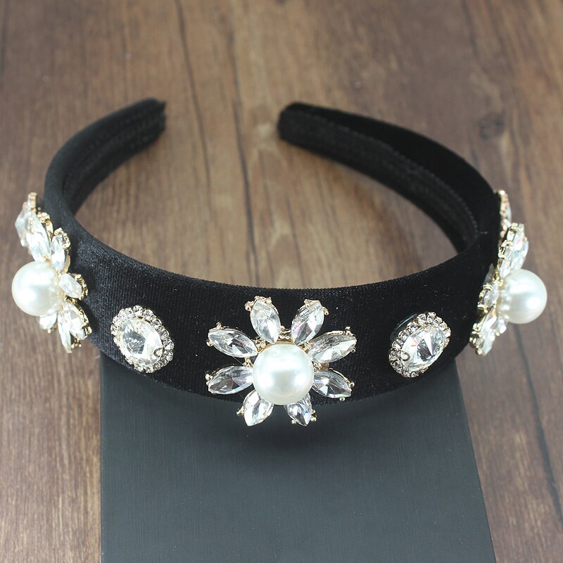 Luxus Vintage Samt Haar Zubehör Rot Schwarz Kristall Barock Hairband Elegante Strass perle Stirnband Für Frauen hochzeit: flower headband