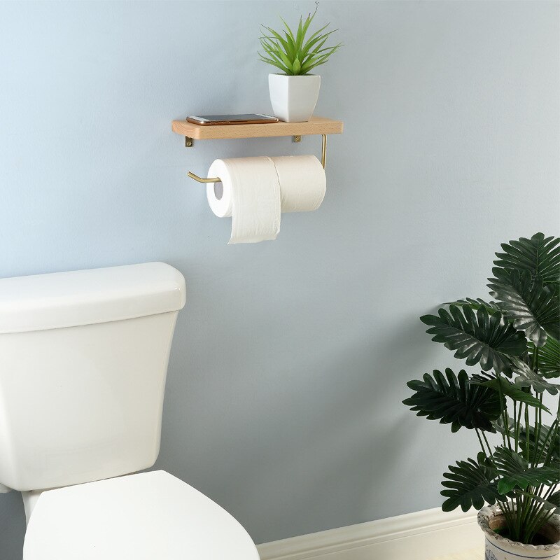 Luonnonpuinen seinälle asennettava wc -paperipidike pehmopaperiteline wc -rulla -annostelija puhelimen säilytyshyllyllä