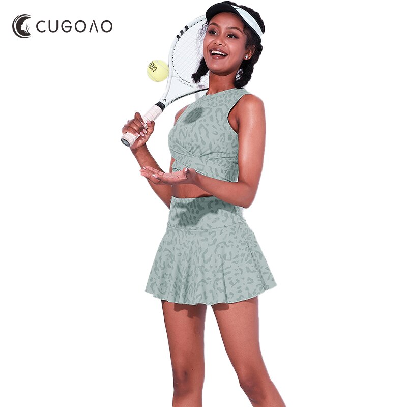 CUGOAO kadın yeşil leopar baskılı tenis etek pilili Golf Badminton Skorts kolsuz üstler ped ile kadın spor spor CUGOAO kadın yeşil leopar baskılı tenis etek pilili Golf Badminton Skorts kolsuz üstler ped ile kadın spor spor