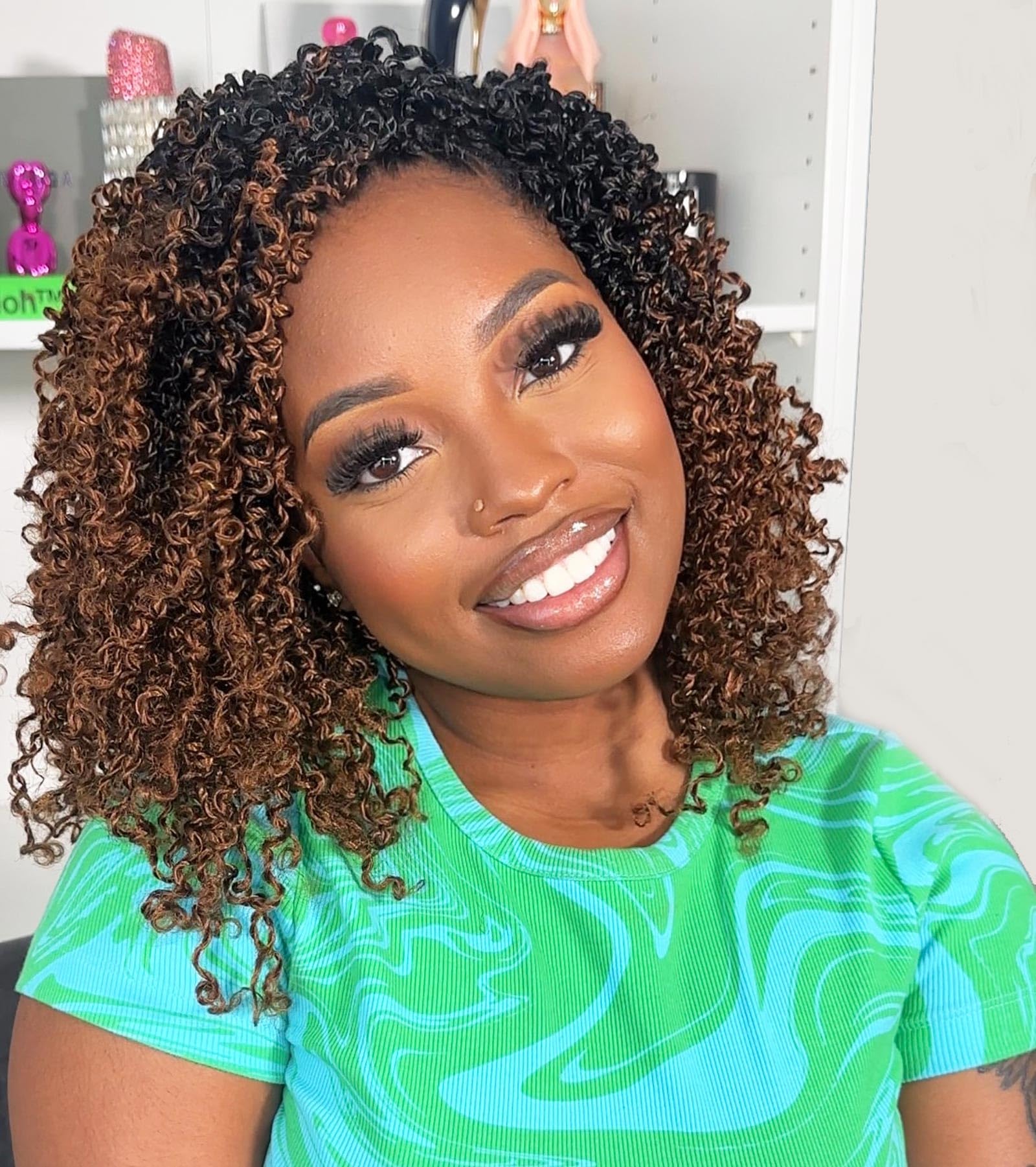 Trenzas de ganchillo Yanky pre-bucle negras de 12 pulgadas, trenzas de pelo ombré marrón bohemio de primavera con rizos, extensiones sintéticas: 1B/30HL / 8 pulgadas