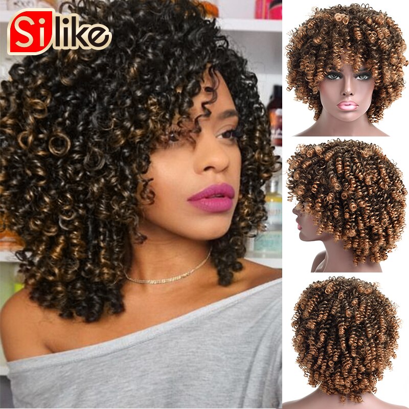 Silike Korte Bouncy Krul Pruik Afro Kinky Krullende Pruik Synthetische Korte Pruik Met Pony Gemengde Bruin Blonde Pruik Voor Zwarte vrouwen