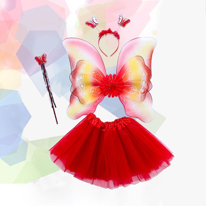 4Pcs Meisjes Fee Kostuum Set Regenboog Vlinder Drie Lagen Tule Tutu Rok Wand Hoofdband Prinses Halloween Party 3-8T