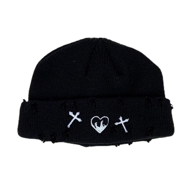 Gorro de lana de punto Flexible con agujeros rotos, cálido, diario, invierno salvaje: Black