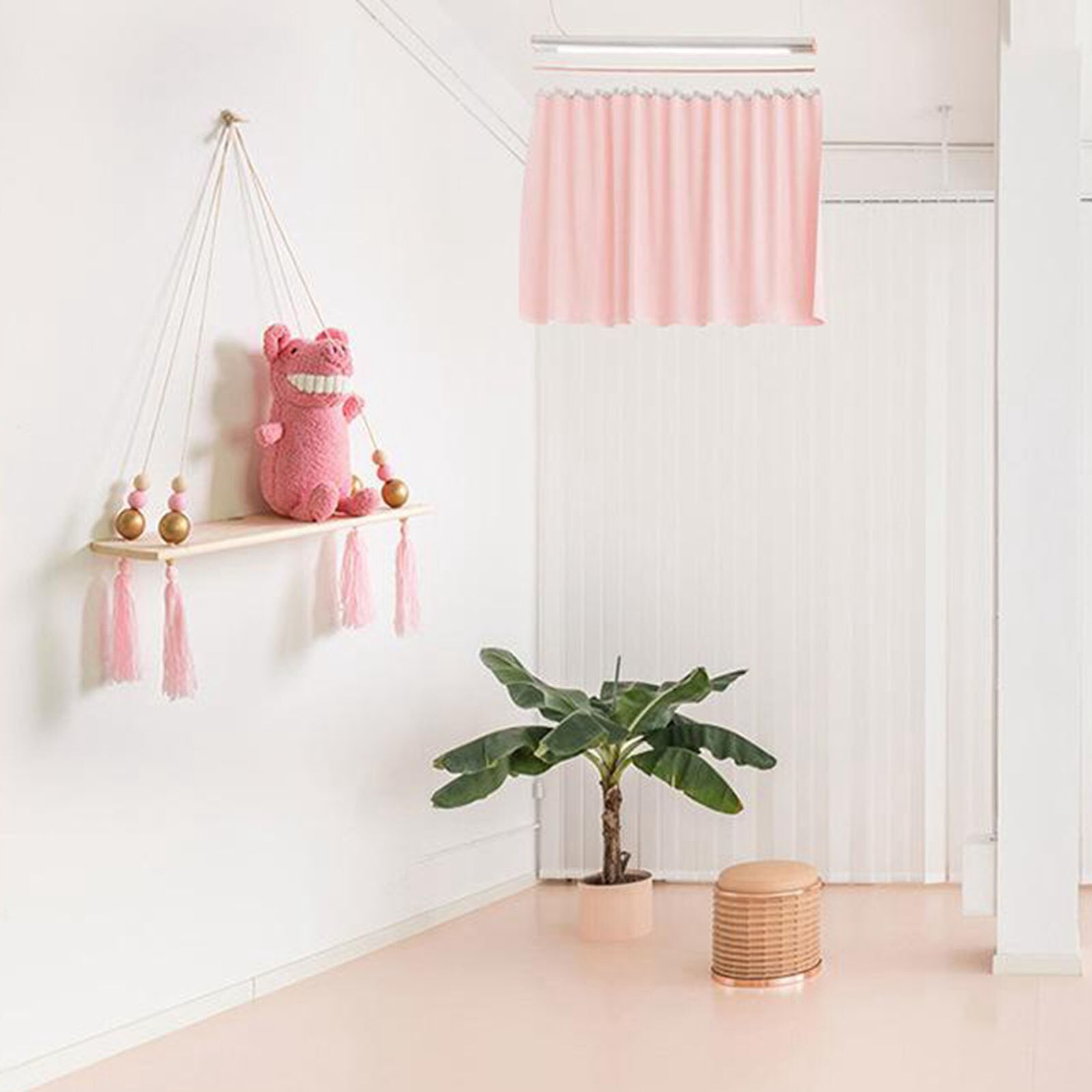 Wooden Wall Shelf Rope Hanging Floating Shelf Flower Pot Stand Purple Bead