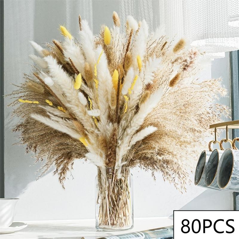 80 pz fiori secchi pampa codice di coniglio mazzo di erba floreale decorazioni per matrimoni conservare foglie di eucalipto canne decorazione vaso per la casa: Oro