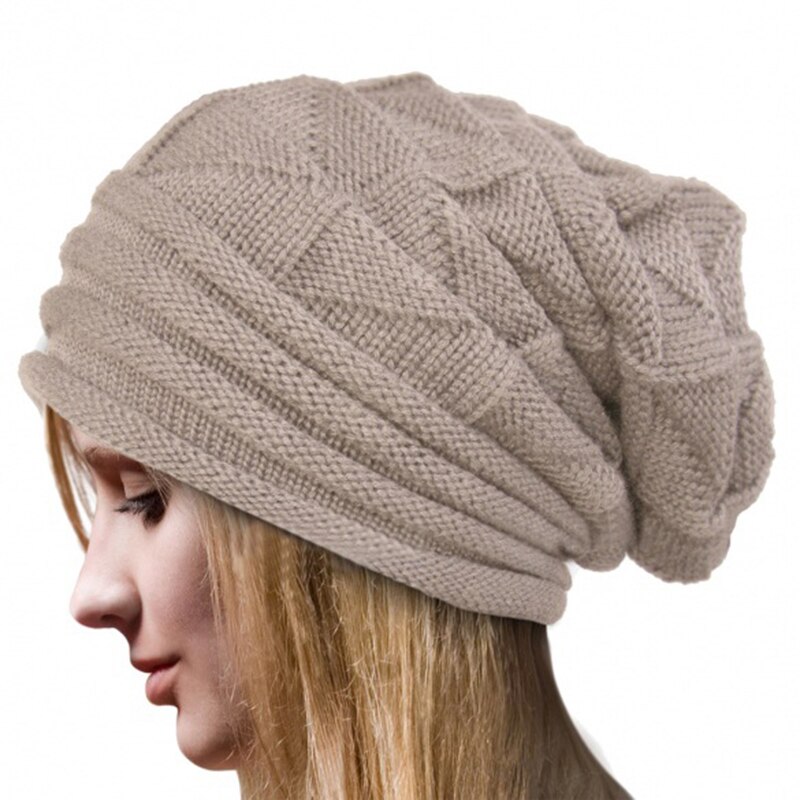 Kvinner hekle strikket stripet oversize posete slouchy lue høst menn lue varm vinter ski dame ullluer: beige