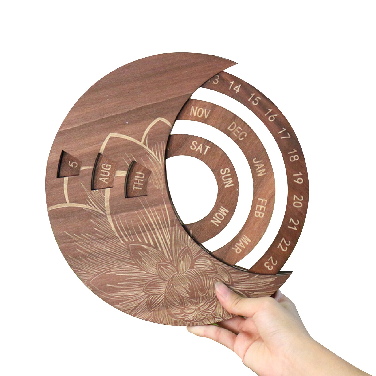 Wooden Calendar Floral Print Rotatable Permanent Calendar Decorative Ornaments for Living Room Bedroom