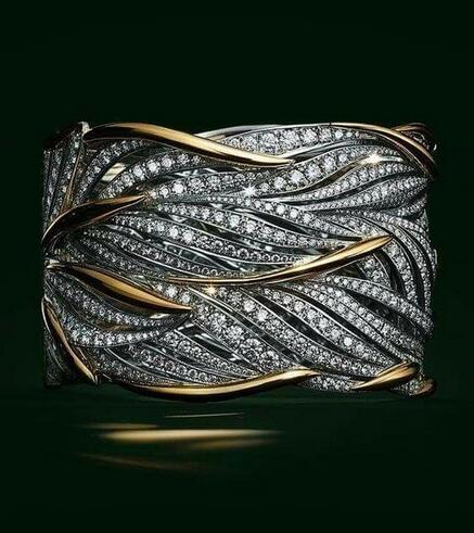 Silver Gold Big Band Wing Feather Ring for Women Wedding Engagement Jewelry with Zircon Stone 925 Silver